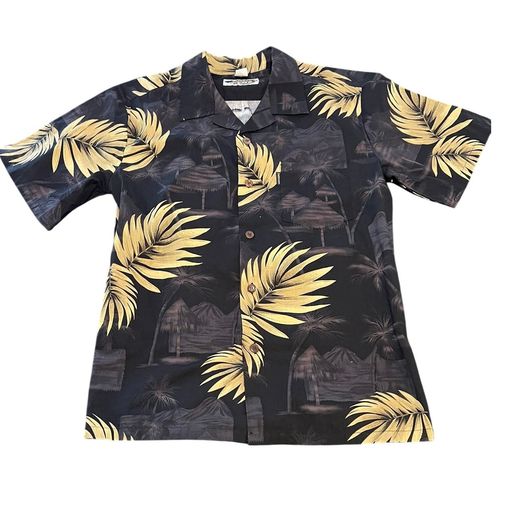 Palmwave Hawaii Mens Medium Black Gold Tropical Palm Hut Cotton Aloha Shirt C90